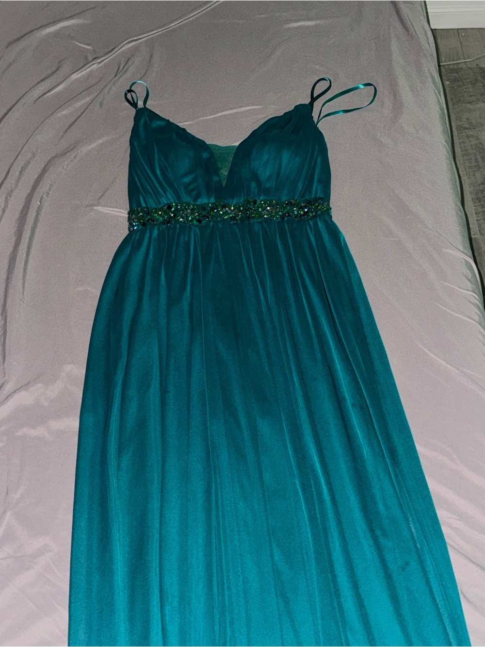 Elegant Teal Beaded Empire Waist Evening Dress
